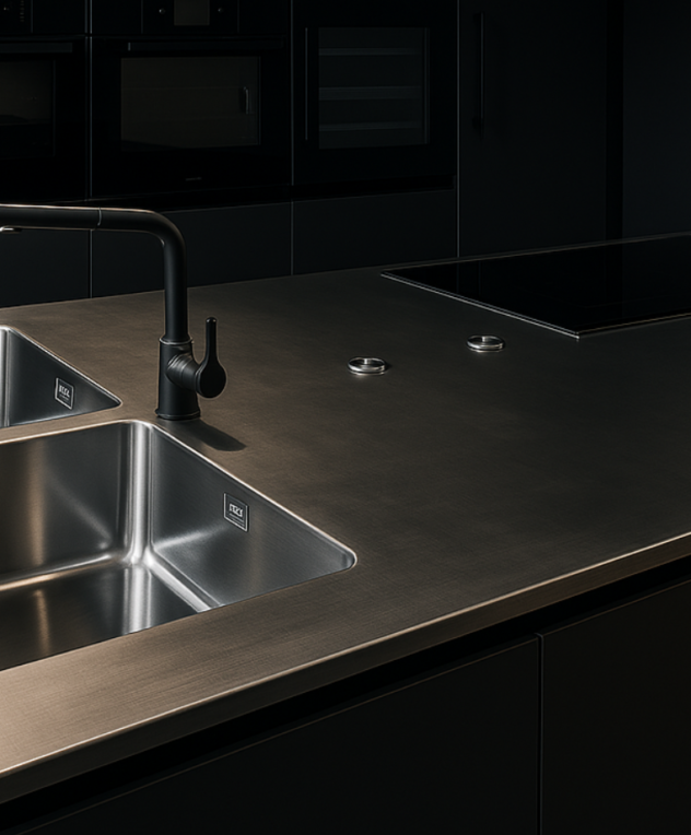 top cucina in allumino con 2 lavabi